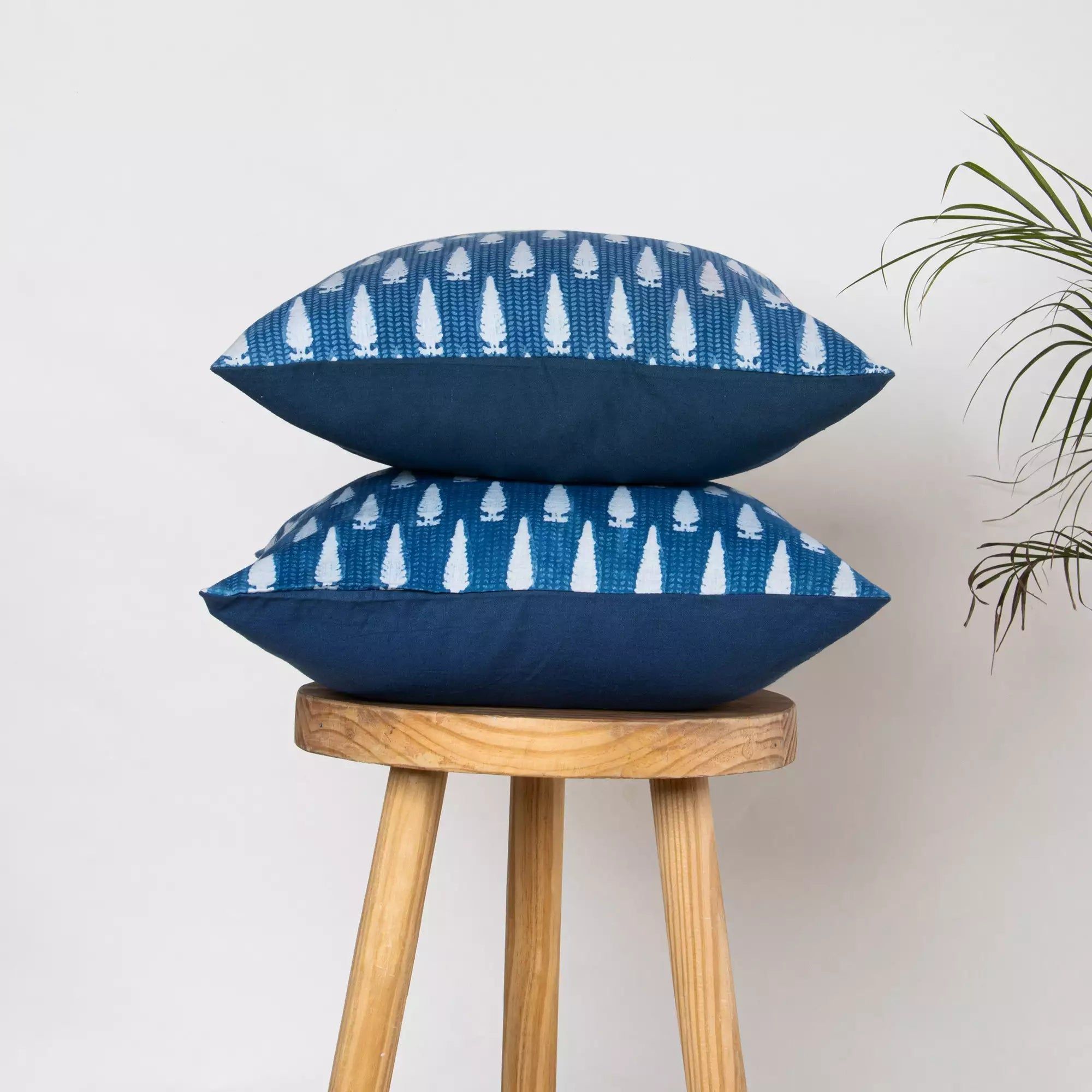 Hand Block Indigo Leaf Printed Pure Cotton Cushion Covers